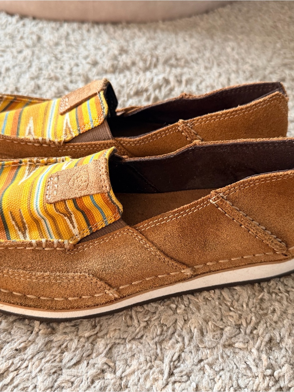 Ariat Brown Suede Moccasins with Yellow Stripe Accent